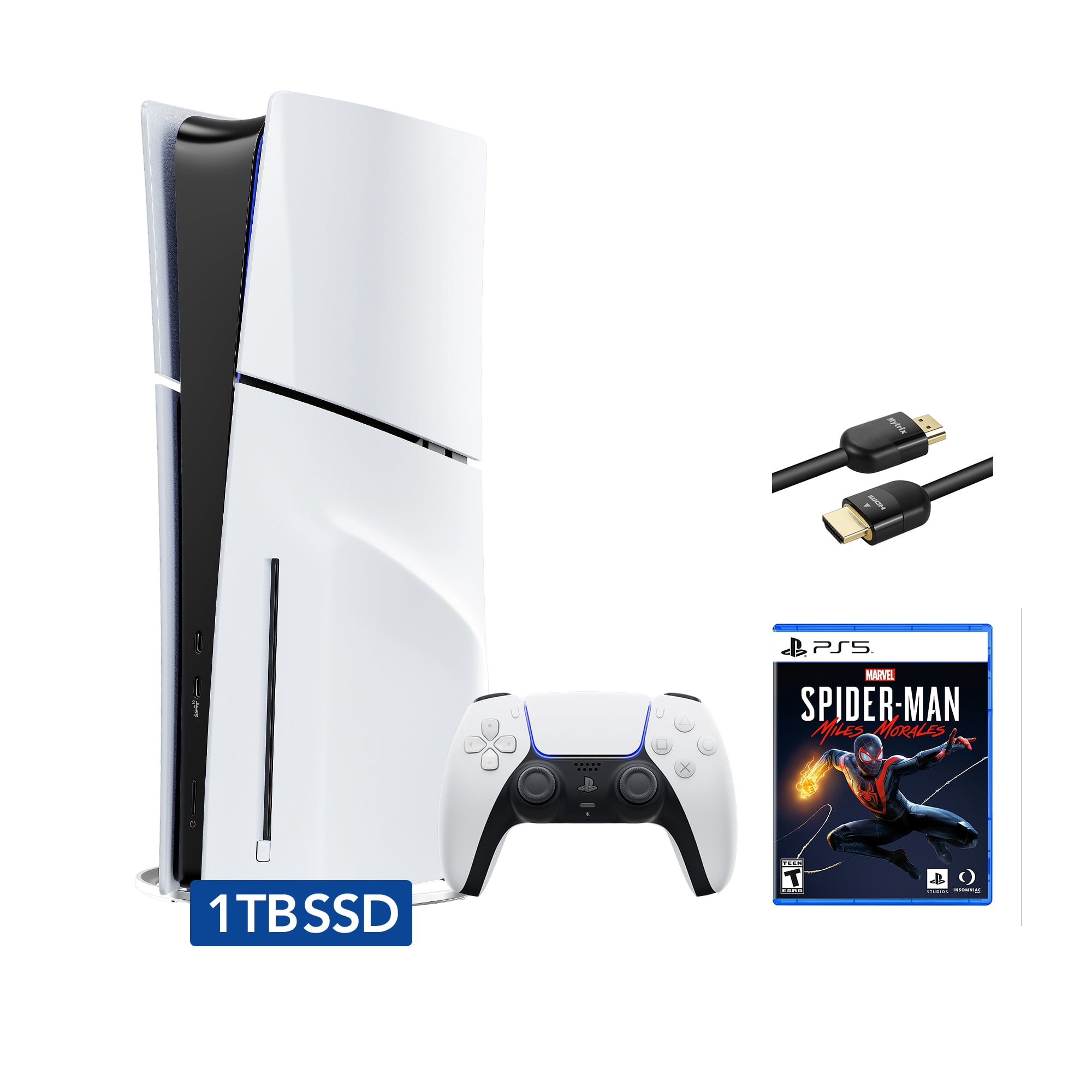 PlayStation 5 Slim Disc Edition Bundle with Spider-Man: Miles Morales and Mytrix 8K HDMI2.1 Cable - PS5, White