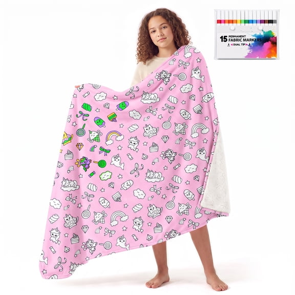 Tirrinia Pink Fantasy DIY Coloring Blanket for Kids Adults 15 Markers 40x50 Inches Soft Sherpa Machine Washable
