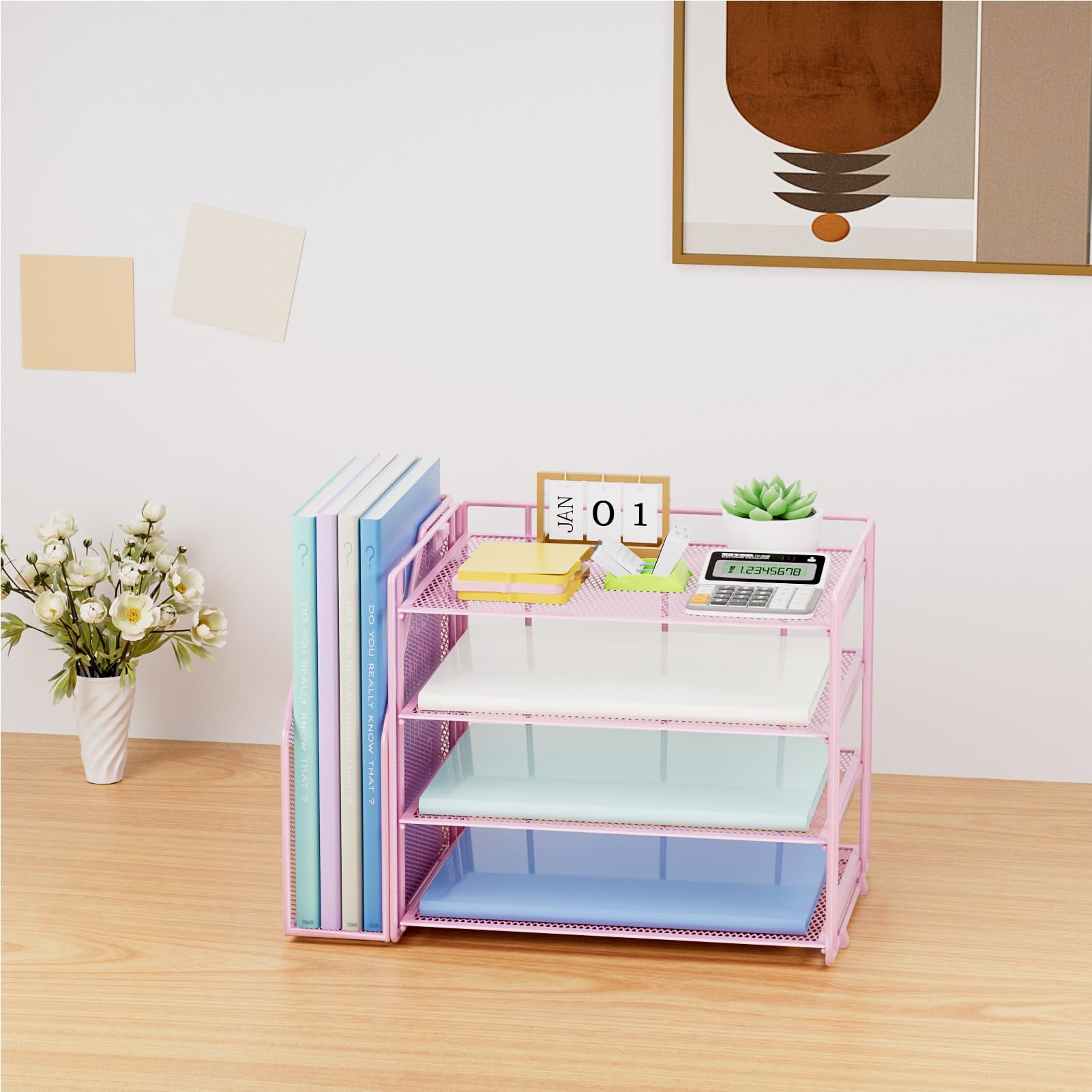 Marbrasse Desk Organizer ，4-Tier Paper Letter Tray Organizer with File Holder， Workspace Desktop Organizers for Home Office Desk Supplies (Pink)