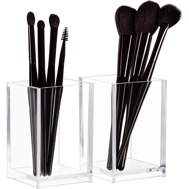 Transparent Makeup Brush Holders - 2 Pack, Acrylic Cosmetic Brush Eyeliner Storage for Dresser and Countertop, Desk Pen Pencil Cup Pot
