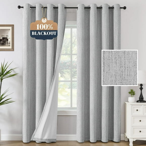 100% Blackout Curtains Linen Textured Chenille Curtains Full Light Blocking Thermal Insulated Curtain Panels 84 Inches Long Energy Saving with White Liner, 2 Panels, Heather Glacier Gray