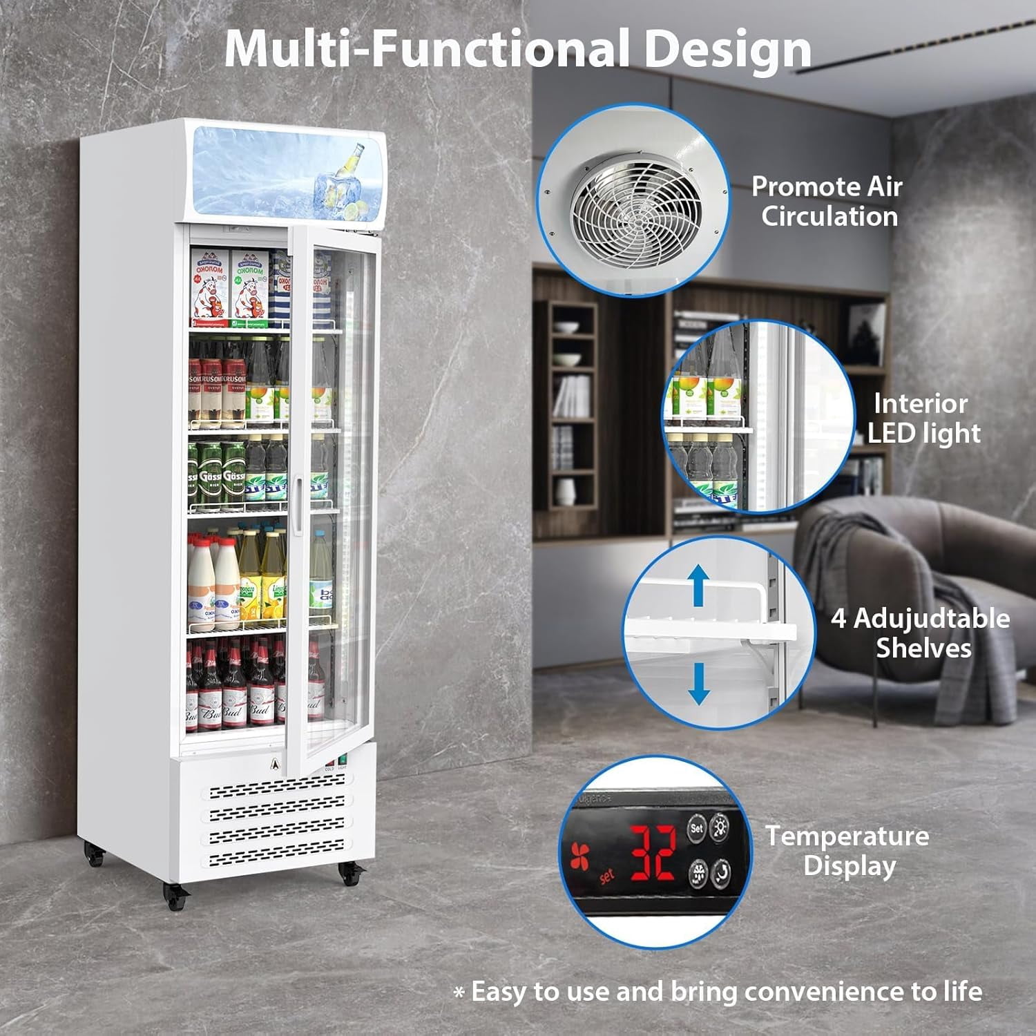 IdealHouse 13.4 Cu.Ft Commercial Merchandiser Refrigerator, Commercial Refrigerators With Glass Door and Soft Led Light, Display Refrigerator Upright Fridge With 3 Adjustable Shelves, White
