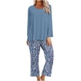 thumbnail image 2 of Puntoco Traje De Pantalón Y Manga Larga Con Cuello Redondo Y Estampado A Rayas Para Mujer, Color Azul Marino, S, 2 of 5