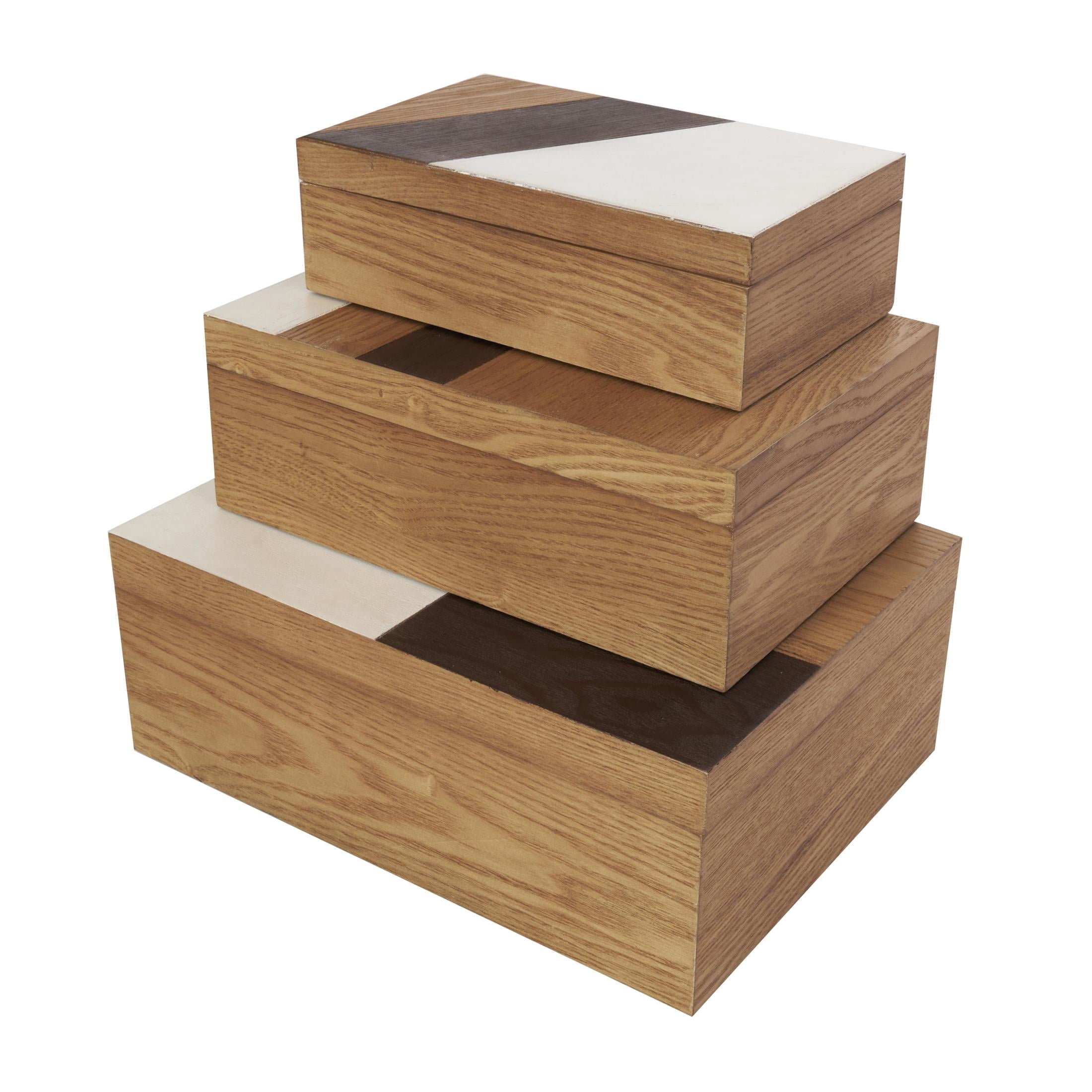 DecMode Geometric Brown Wooden Decorative Box with Cream and Dark Brown Stripes, 3 Count