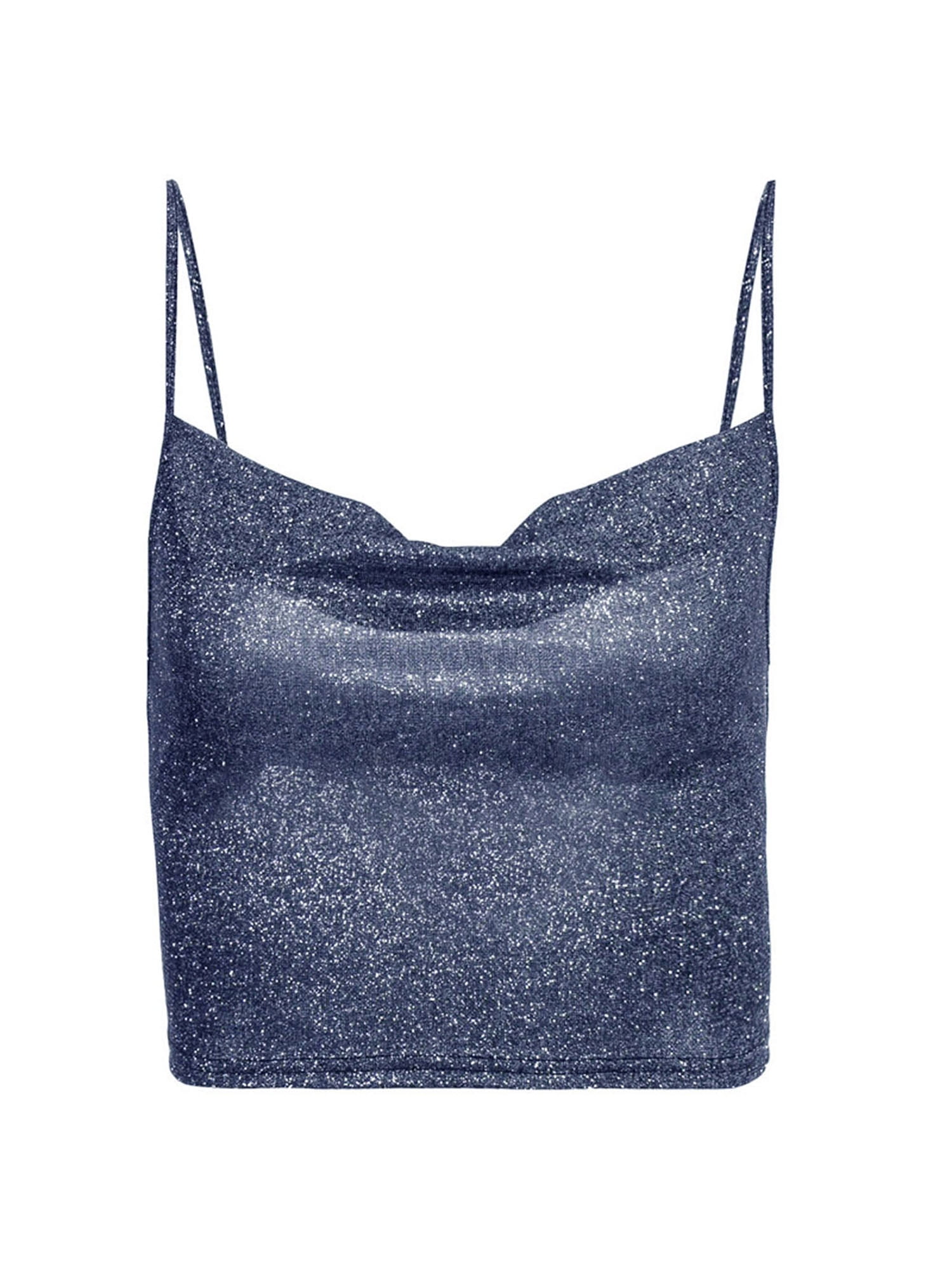 Diconna Womens Sequin V-Neck Tank Tops Shimmer Glitter Crop Top Sleeveless  Backless Sparkle Knit Cami Bling Shirts Navy blue M 