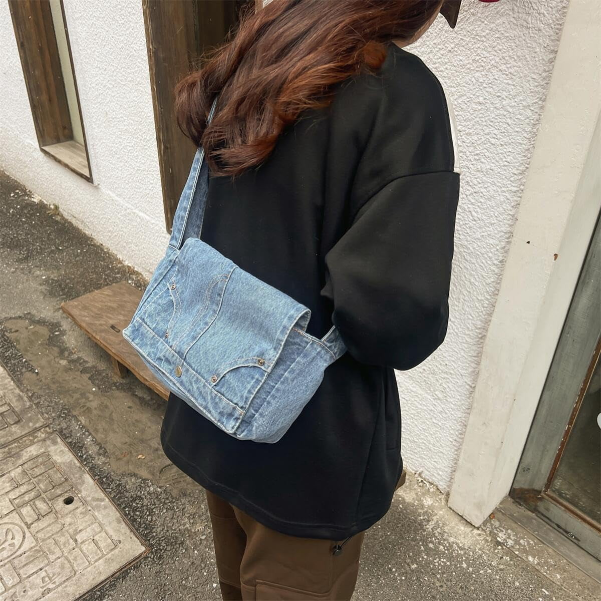 CoCoMangos Denim Shoulder Bag for Women Satchels Large Crossbody Handbag Jean Casual Tote Purse