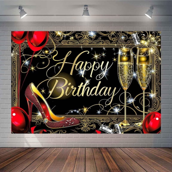 Black Gold Happy Birthday Backdrop Golden Glitter Champagne Glass Diamond Birthday Background for Girls Woman Red High Heels Balloons Birthday Party Decorations Banner Supplies Photo Booth Props
