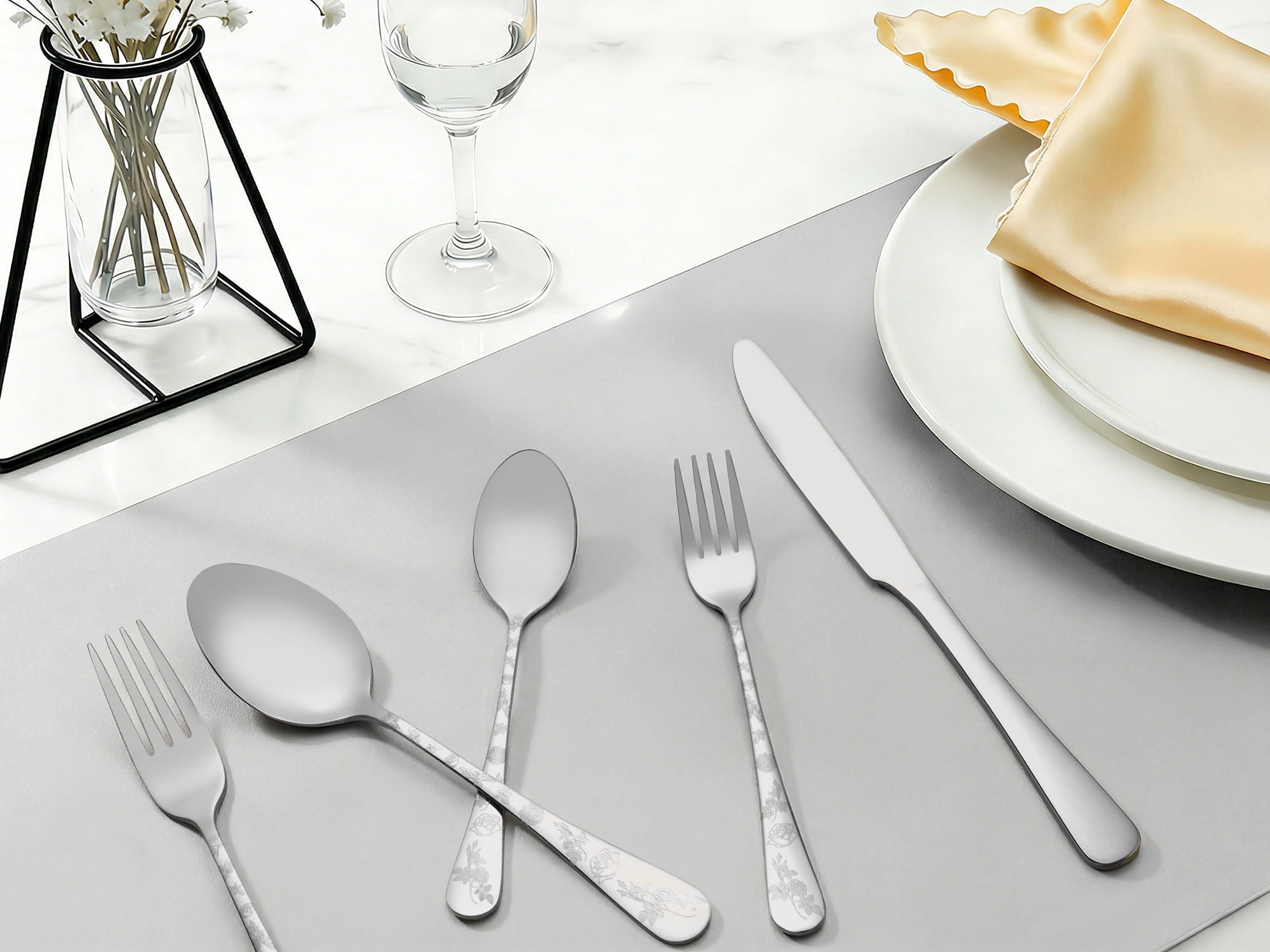 Unique Bargains 30 Piece Silverware Set for 6 Stainless Steel Floral Flatware Silver 30