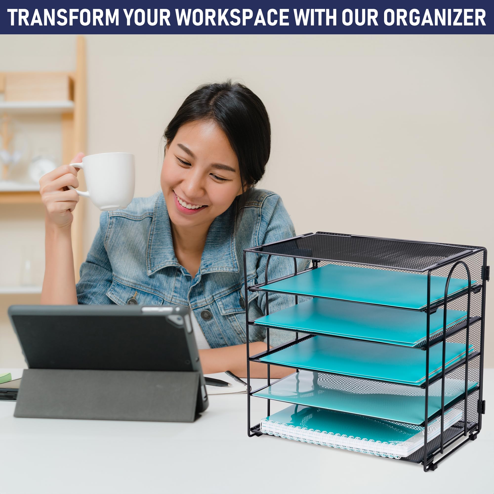 Desk Organizer Tray, Letter Tray in Black Metal Mesh for Organizing Files, Papers, Bills, Folders, Letters, and Binders. Desktop Paper Rack for Home, Office, or School (5 Tier - New)