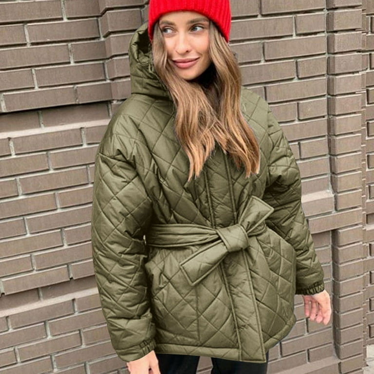 Women Long Sleeve Quilted Jacket Coat Winter Fashion Belted Padded Warm Hood  Puffer Outerwear With Pockets
