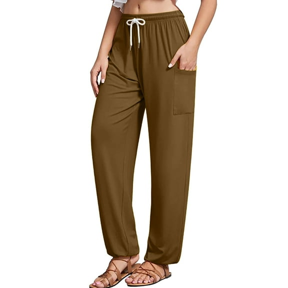 Sngxgn Women Pants Casual Loose Trousers Elastic Waist Pull On Straight Pant with Pockets(Brown,XXL)