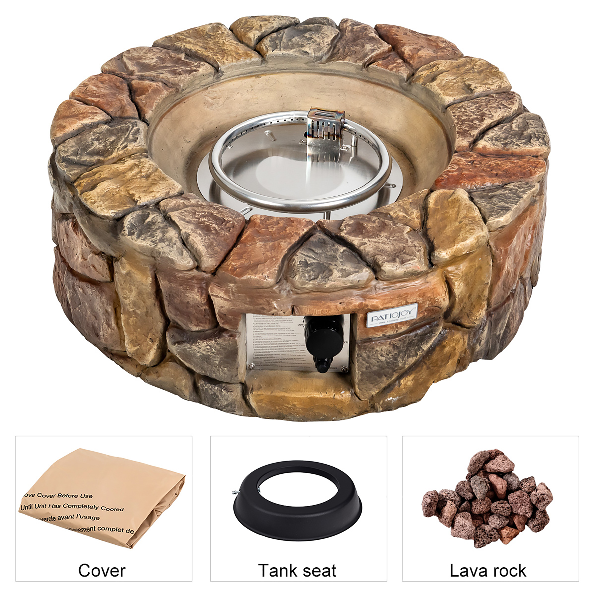 Costway 28'' Propane Gas Fire Pit Outdoor 40,000 BTU Stone Finish Lava Rocks Cover Brown