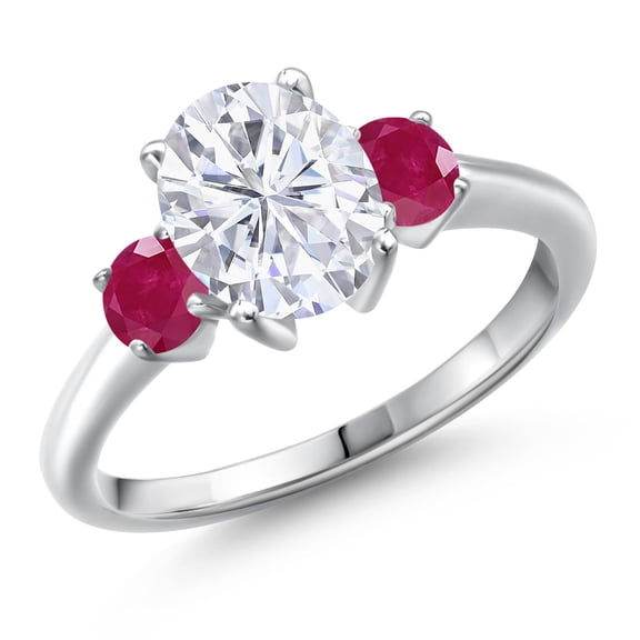 Gem Stone King 925 Sterling Silver White Moissanite and Red Ruby Engagement Ring for Women | 2.80 Cttw | Oval 9X7MM | Gemstone Birthstone | Size 5