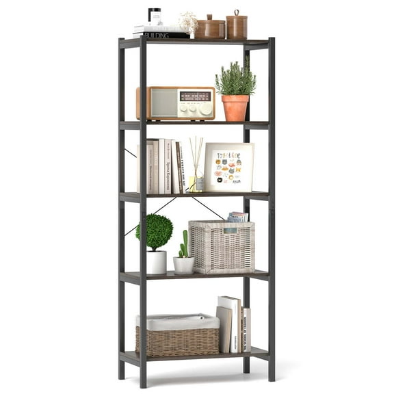 Costway 1 PCS 5-Tier Bookshelf Bookcase with Metal Frame & Dual Anti-Tipping Kits Storage Rack