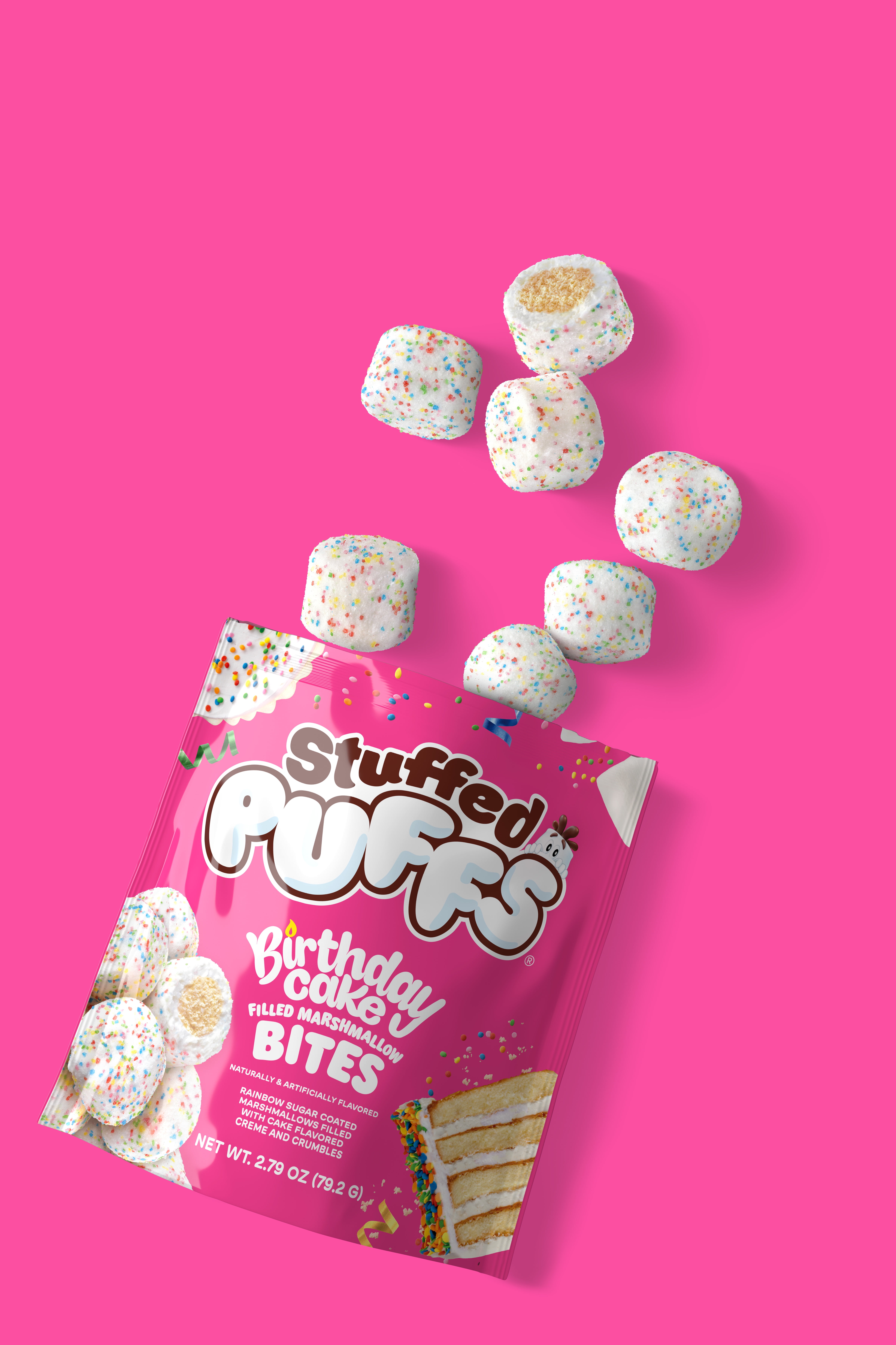 (3 pack) Stuffed Puffs Filled Marshmallow Bites, Birthday Cake, 2.79 oz Bag
