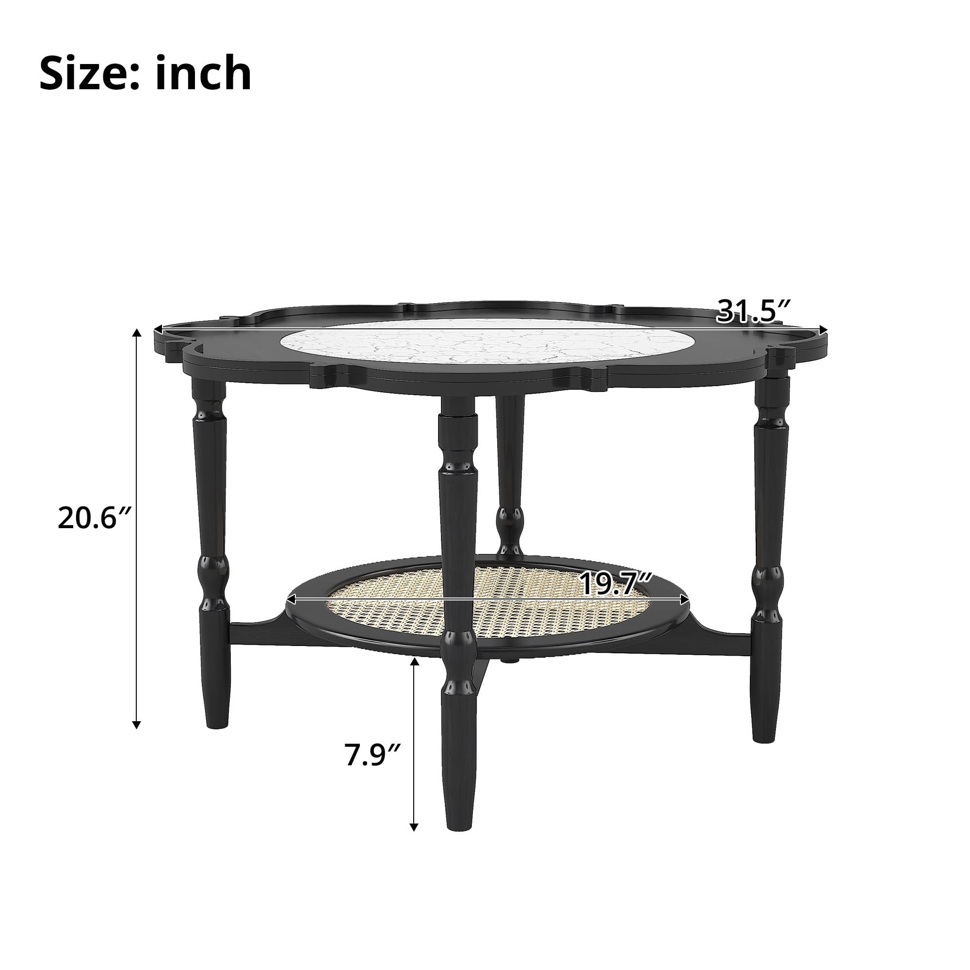 GARITIN Petal Shape Coffee Table 31.5 Inch, 2 Tiered Coffee Table with White Crackle Pattern Glass and Rattan for Living Room, Black