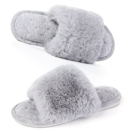 

Womens Open Toe House Slippers Soft Plush Fuzzy Slippers Indoor Memory Foam Slip On Bedroom Home Shoes Black 7 (SMSS22W011)