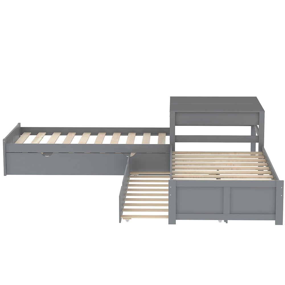 Kadyn L-shaped Platform Bed with Two Trundles and Built-in Square Table,Gray Kadyn L-shaped Platform Bed with Two Trundles and Built-in Square Table,Gray