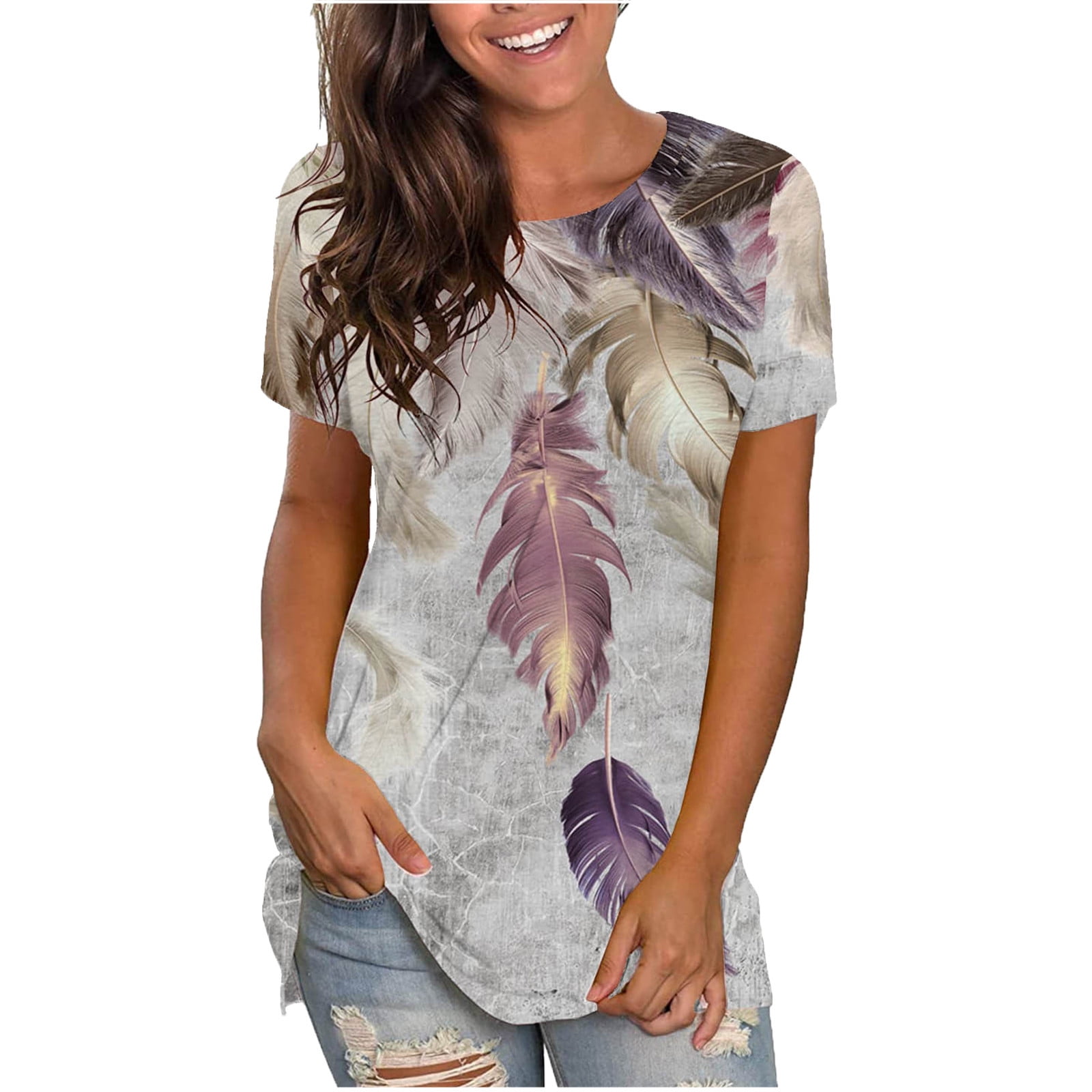 Anbech Women's Feather Graphic Short Sleeve T-Shirt - Casual Summer Top, Size L Dark Grey
