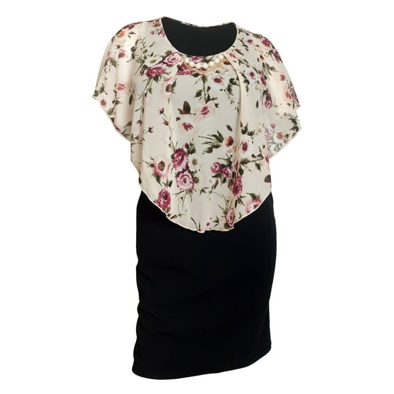 eVogues Plus Size Layered Poncho Dress Floral Print Ivory 18329