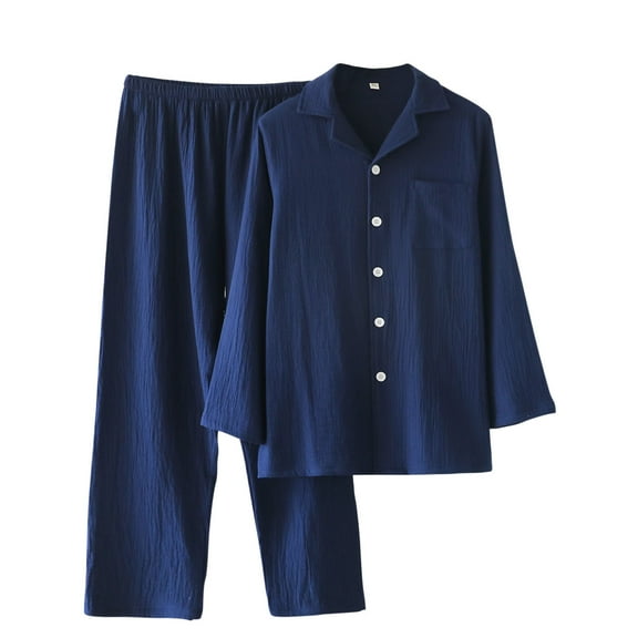 FAWUUDO Men's Cotton Gauze Pajama Set Lightweight Long Sleeve Sleepwear Spring Fall Lounge Set