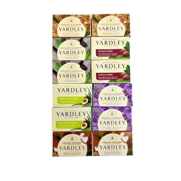 Yardley London Soap Bath Bar Bundle - 12 Bars: English Lavender, Oatmeal and Almond, Aloe and Avocado, Activated Charcoal, Cocoa Butter, Creamy Coconut 4 Ounce Bars (Pack of 12 Bars, Two of each)