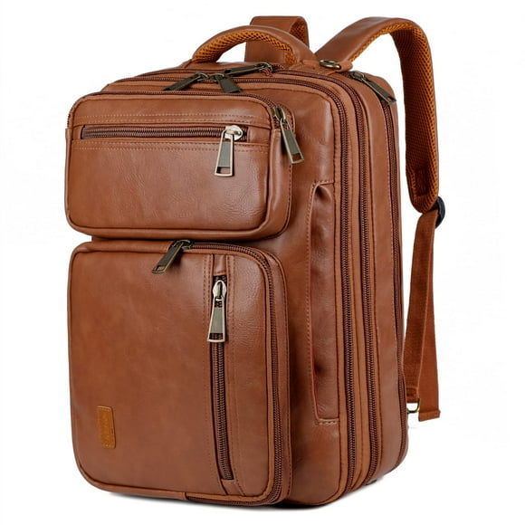 Sac à Dos en Cuir Vegan pour Ordinateur Portable Mallette Hybride 15.6 Pouces Sac à Dos de Voyage Randonnée Collège pour Hommes BC-04 (Marron)