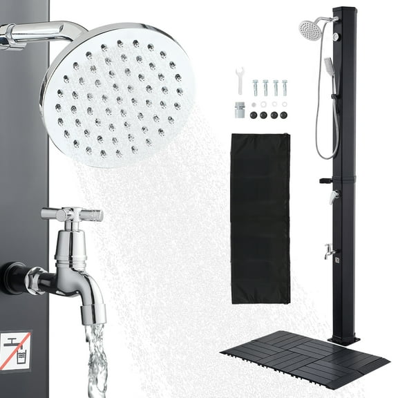 KFFKFF 10.6 Gal Solar Heated Outdoor Shower, 6.7ft Height with Showerhead, Floor Kit, Handheld & Foot Faucet, Adjustable Hot & Cold Water, Freestanding for Backyard, Poolside, Beach, Black
