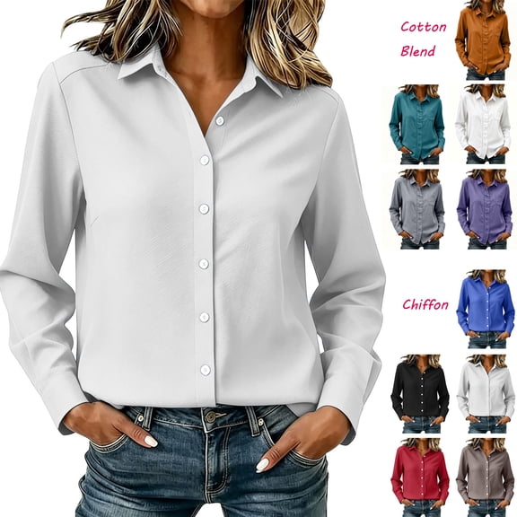 Women's Long Sleeve Shirts Dqueduo Women's Solid Collared Long Sleeve Casual Blouse Chiffon Shirt White XL