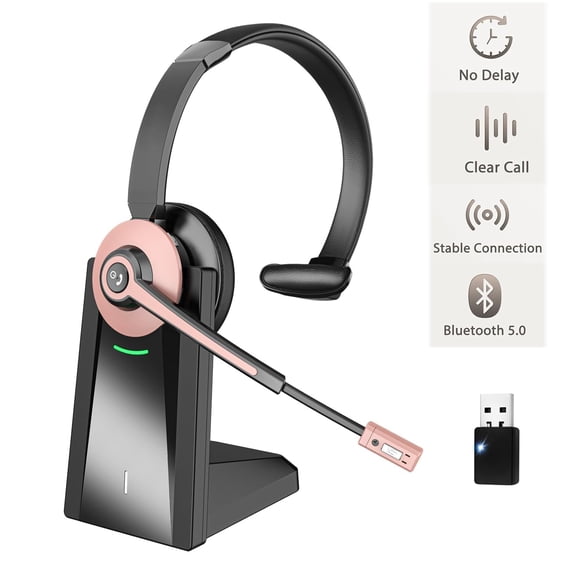 Wireless Headset with Mic for Work, Bluetooth Headset Noise Cancelling & USB Dongle, Single Ear Headphones for Computer Laptop Office Teams Work- 26H Talk Time