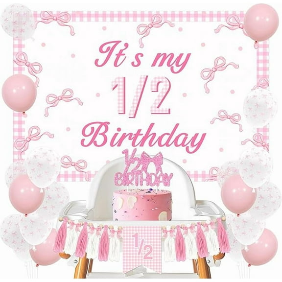 Pink Bow Half Birthday Decorations It's My 1/2 Bday Backdrop Glitter 1/2 Birthday Cake Topper Pink Grids Highchair Banner Latex Balloons for Girl 6 Month Birthday Party Supplies
