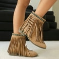 thumbnail image 4 of Boho Ethnic Cowboy Boots for Women Bohemian Long Fringe Suede Pointed Toe Wide Mid Calf Cowgirl Dress Booties Beige Size 6, 4 of 8