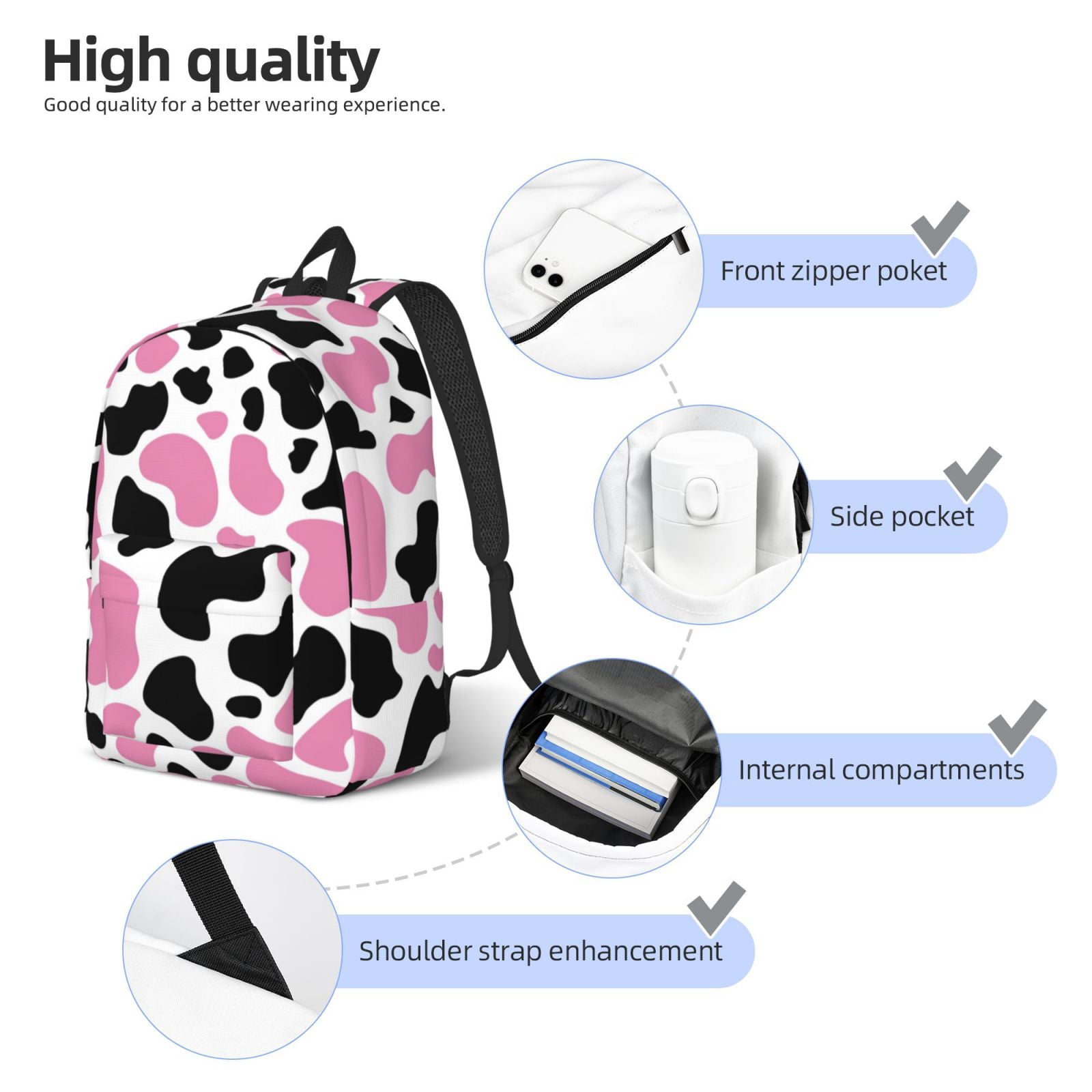 Picia Cow Spots Printed Canvas Daypack - Stylish and Durable Vintage Compact Backpack - Class, Work, Travel, or Laptop Bookbag,Organized Compartments-Medium