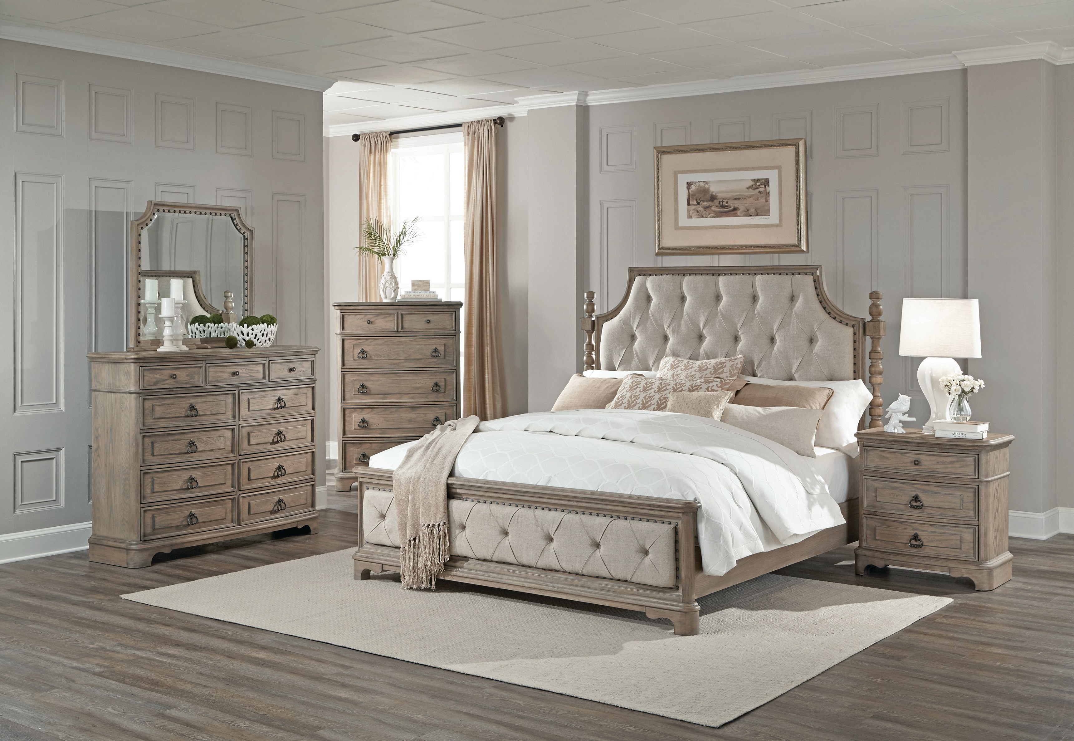 Piraeus Wood Bedroom Set with Upholstered Tufted Bed, Dresser