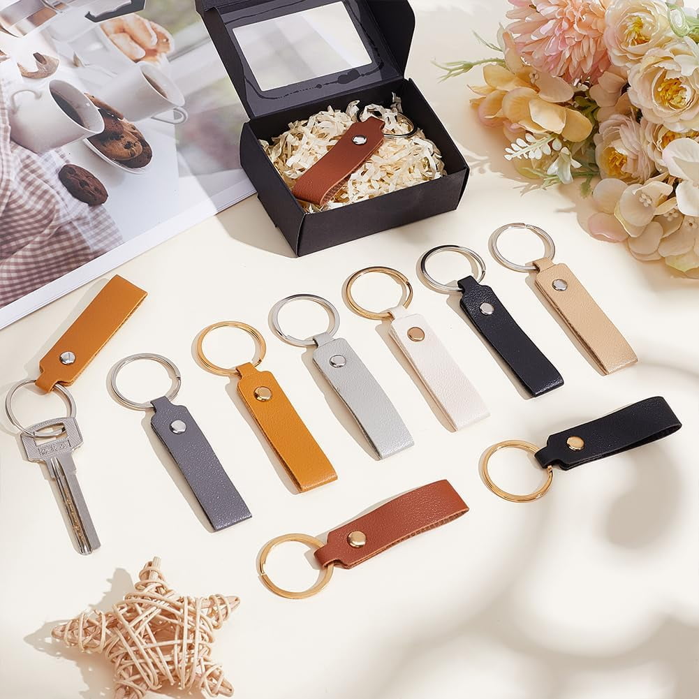 64Pcs 16 Colors PU Leather Keychain with Iron Key Rings Mixed Color 9.5x1.6cm 4pcs/color