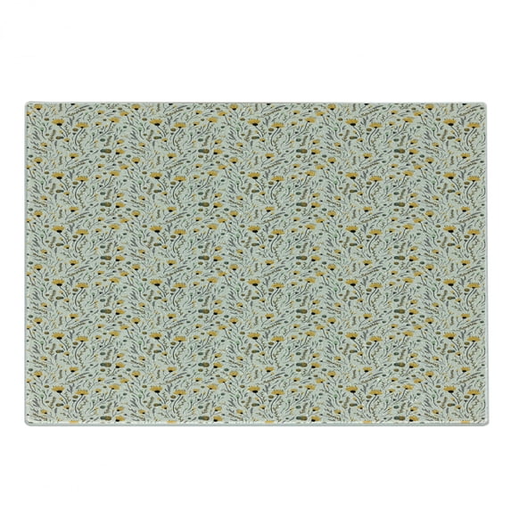 Cartoon Cutting Board, Yellow Flowers with Acorns and Foliage Pattern Ecology Themed Spring, Decorative Tempered Glass Cutting and Serving Board, Small Size, Yellow Sea Green Black, by Ambesonne