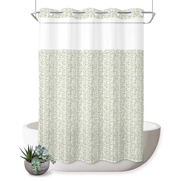No Hook Shower Curtain, Sage Green Shower Curtains for Bathroom with See Through Top Window, Vintage Rutsic Floral Prints Simple Boho Waterproof & Washable Bath Curtain 60"x72"