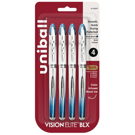 uniball Vision Elite BLX Rollerball Pens, Bold Point (0.8mm), Blue-Black Ink, 4 Count