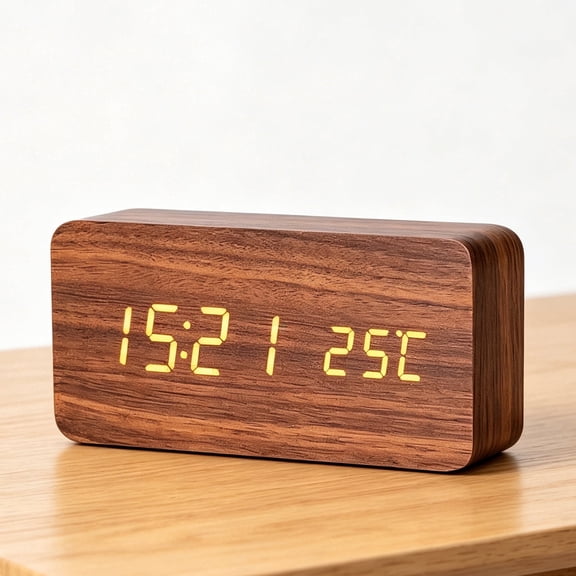 VOLIVO Wooden Digital Alarm Clock - USB & Battery Operated, 3 Loud Alarms, Sound Control, Dimmer, Temperature, 12/24H, for Heavy Sleepers & Bedrooms,Brown