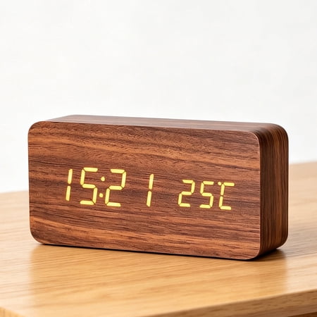 VOLIVO Wooden Digital Alarm Clock - USB & Battery Operated, 3 Loud Alarms, Sound Control, Dimmer, Temperature, 12/24H, for Heavy Sleepers & Bedrooms,Brown