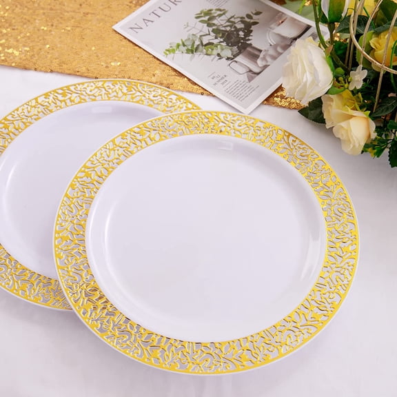 100pcs Gold Plastic Plates, 10.25" White Plastic Dinner Plate, Gold Lace Plates Heavy Duty, Disposable Plate for Tableware Weddings Celebrations and Parties