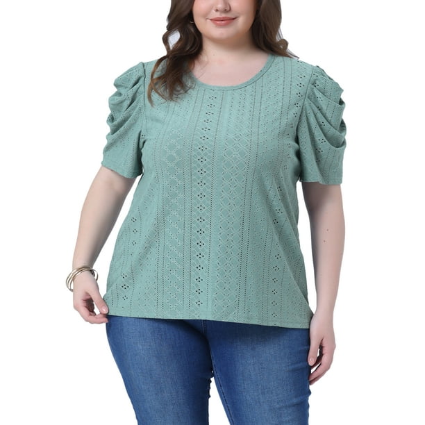 Blusa casual de mujer plus size GRACE & GRANDEUR con bordado de ojales, mangas abullonadas y cuello redondo 4X verde