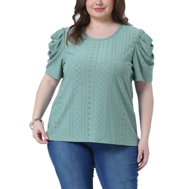 Blusa casual de mujer plus size GRACE & GRANDEUR con bordado de ojales, mangas abullonadas y cuello redondo 4X verde