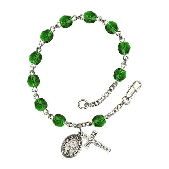 St. John Baptist de la Salle Silver Plate Rosary Bracelet 6mm May Green Fire Polished Beads Crucifix Size 5/8 x 1/4 medal