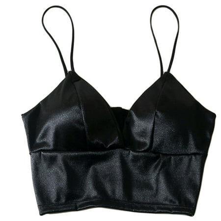 

HOTYA Women Sexy Satin Spaghetti Strap Bralette Deep V-Neck Solid Color Cami Crop Top