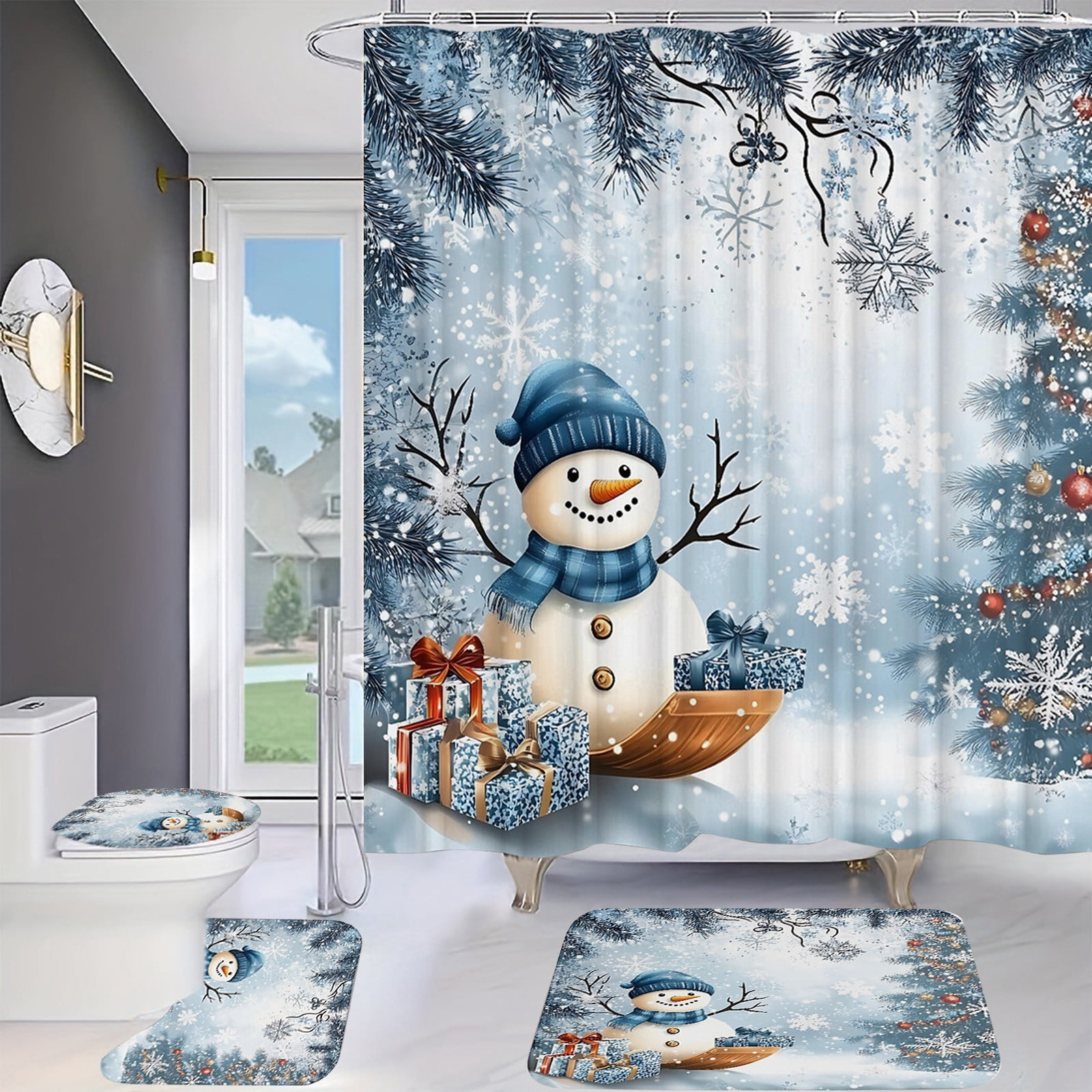 Costeam Christmas Shower Curtain Set with Santa Pattern, Waterproof Bathroom Decor with Holiday Theme for Xmas Party Background Decoration