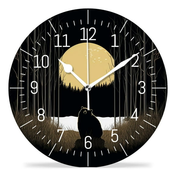 12 Inch Wall Clock Battery Operated Silent Clock Decorative for Office, Kitchen, Outdoor, Living Room，Bear in The Strange Forest Drawing