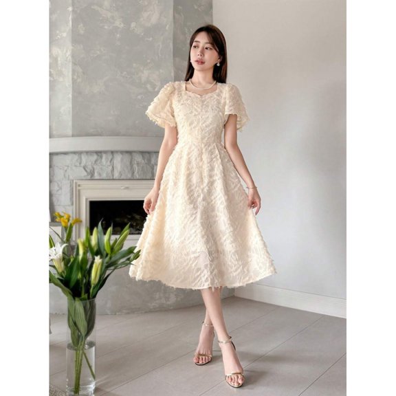 Beige Floral Lace A-Line Midi Dress With Short Puff Sleeves And Square Neckline