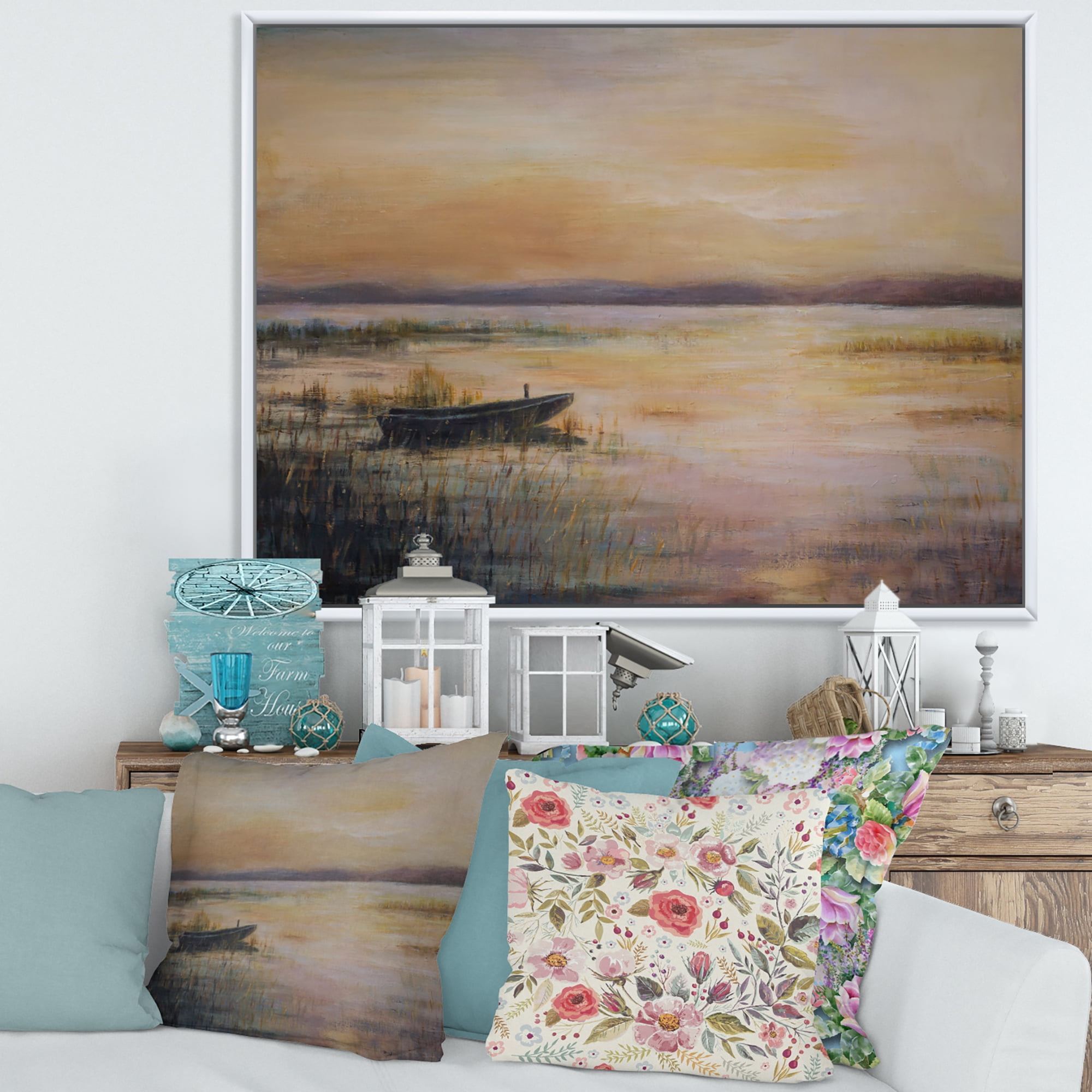 Designart 'Pastel Boat Sunset Over The Lake' Nautical & Coastal Framed Canvas Wall Art Print