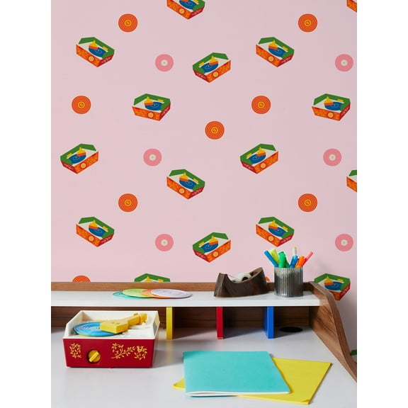 Music Box Record Player Removable Vinyl Wallpaper By Fisher-Price - Light Pink
